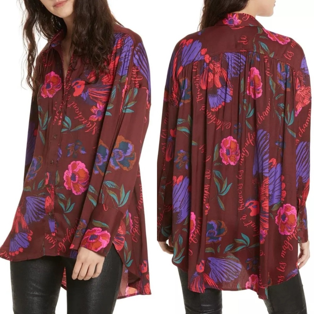 Free People Silky Nights Red Floral Relaxed Fit Button Up Blouse oversized sz S